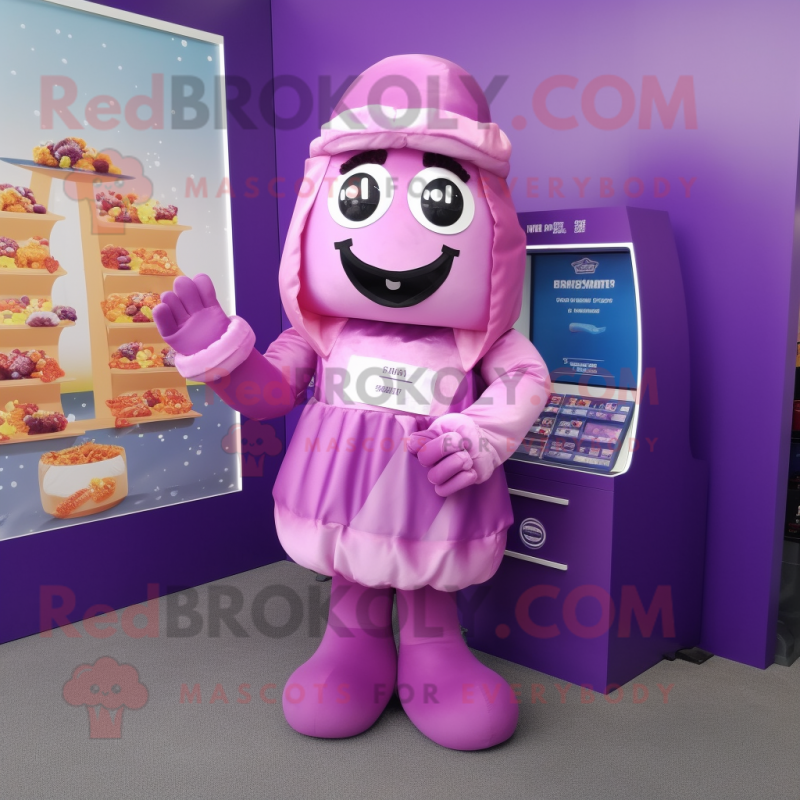 Purple Candy Box mascot costume character dressed with a Blouse and Gloves