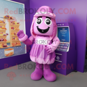 Purple Candy Box mascot costume character dressed with a Blouse and Gloves