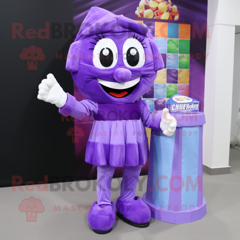 Purple Candy Box mascot costume character dressed with a Blouse and Gloves Purple Candy Box mascot costume character dressed with a Blouse and Gloves