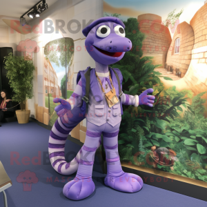 Lavender Snake mascot costume character dressed with a Waistcoat and Backpacks