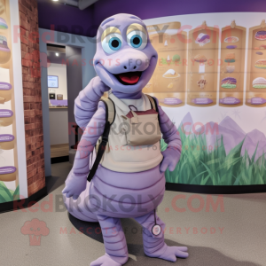 Lavender Snake mascot costume character dressed with a Waistcoat and Backpacks