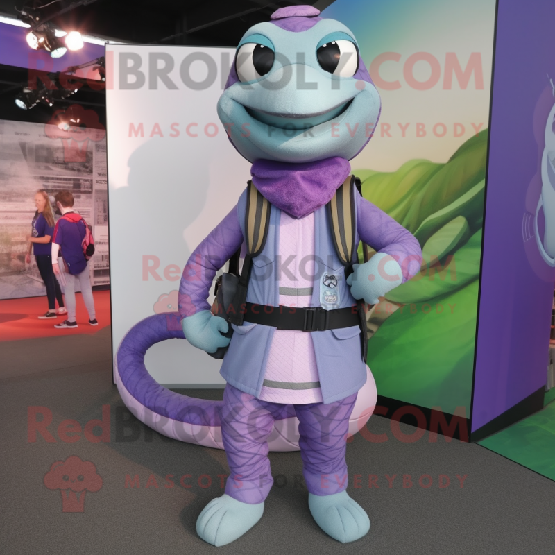 Lavender Snake mascot costume character dressed with a Waistcoat and Backpacks Lavender Snake mascot costume character dressed with a Waistcoat and Backpacks