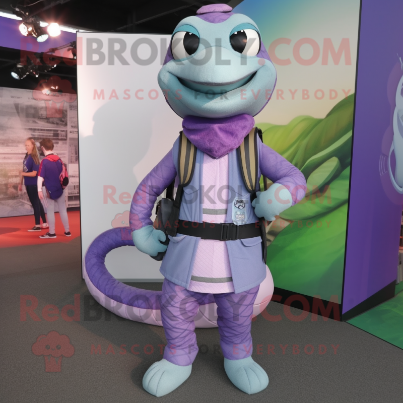 Lavender Snake mascot costume character dressed with a Waistcoat and Backpacks