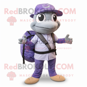 Lavender Snake mascot costume character dressed with a Waistcoat and Backpacks