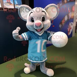 Cyan Mouse mascot costume character dressed with a Rugby Shirt and Shawl pins