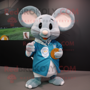 Cyan Mouse mascot costume character dressed with a Rugby Shirt and Shawl pins