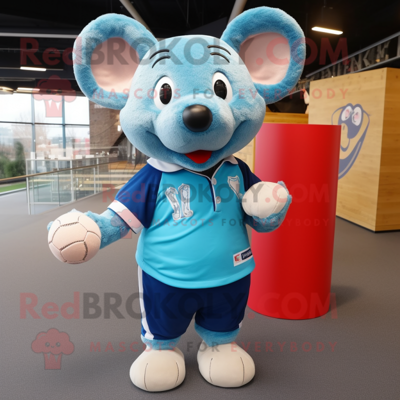 Cyan Mouse mascot costume character dressed with a Rugby Shirt and Shawl pins