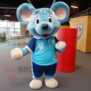 Cyan Mouse mascot costume character dressed with a Rugby Shirt and Shawl pins