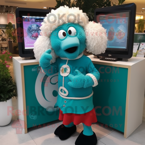 Turquoise Ram mascot costume character dressed with a Culottes and Digital watches