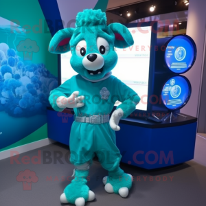 Turquoise Ram mascot costume character dressed with a Culottes and Digital watches