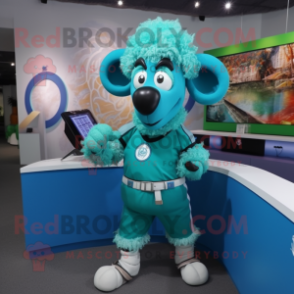 Turquoise Ram mascot costume character dressed with a Culottes and Digital watches