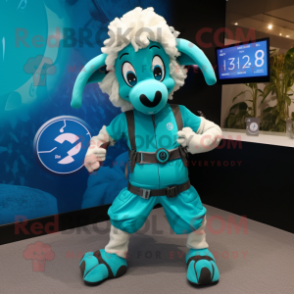 Turquoise Ram mascot costume character dressed with a Culottes and Digital watches