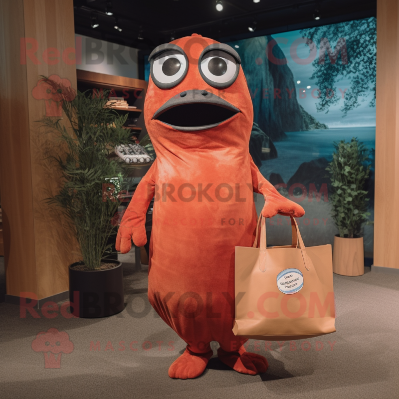 Rust Salmon mascot costume character dressed with a Coat and Tote bags