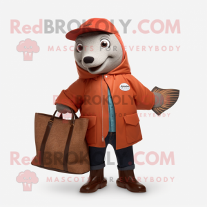 Rust Salmon mascot costume character dressed with a Coat and Tote bags