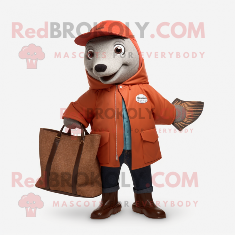 Rust Salmon mascot costume character dressed with a Coat and Tote bags Rust Salmon mascot costume character dressed with a Coat and Tote bags