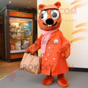 Rust Salmon mascot costume character dressed with a Coat and Tote bags