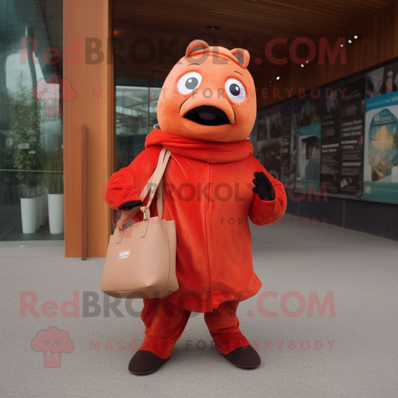 Rust Salmon mascot costume character dressed with a Coat and Tote bags