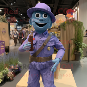 Lavender Soldier mascot costume character dressed with a Denim Shirt and Necklaces