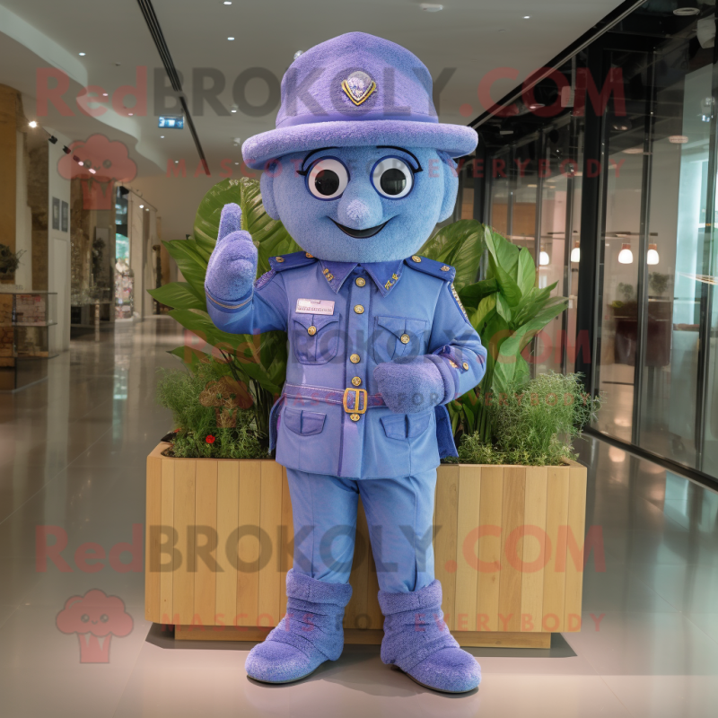 Lavender Soldier mascot costume character dressed with a Denim Shirt and Necklaces