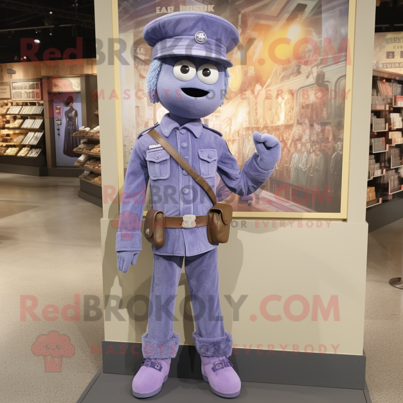 Lavender Soldier mascot costume character dressed with a Denim Shirt and Necklaces Lavender Soldier mascot costume character dressed with a Denim Shirt and Necklaces