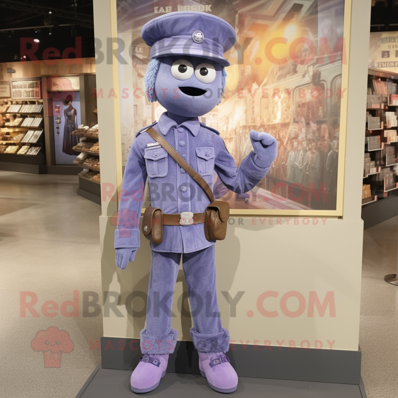 Lavender Soldier mascot costume character dressed with a Denim Shirt and Necklaces