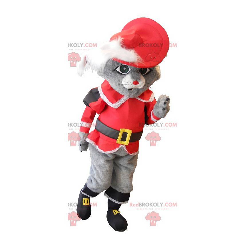 Kat mascotte in grijze laarzen met een rood kostuum -