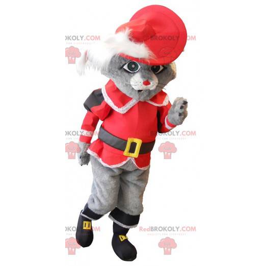 Kot maskotka w szarych butach z czerwonym kostiumem -