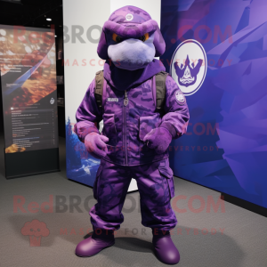 Purple Marine Recon mascot costume character dressed with a Joggers and Lapel pins