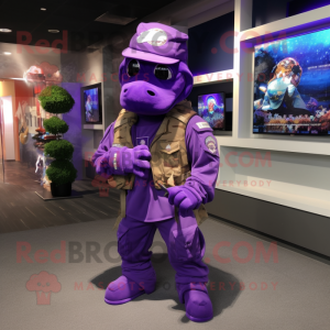 Purple Marine Recon mascot costume character dressed with a Joggers and Lapel pins
