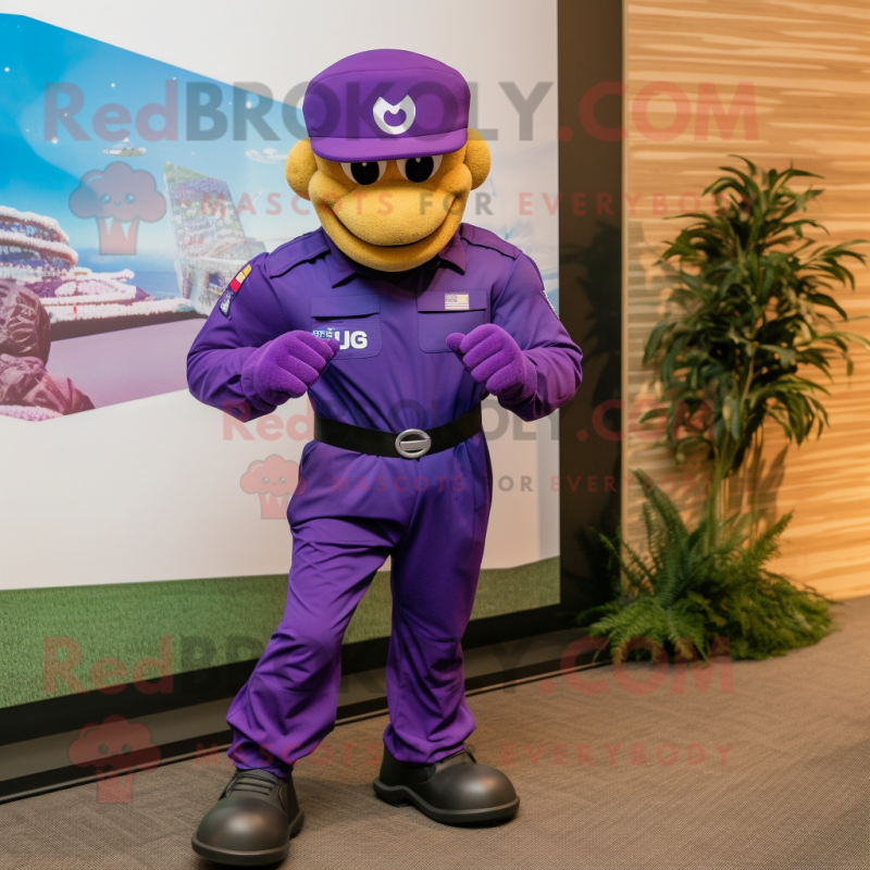 Purple Marine Recon mascot costume character dressed with a Joggers and Lapel pins Purple Marine Recon mascot costume character dressed with a Joggers and Lapel pins