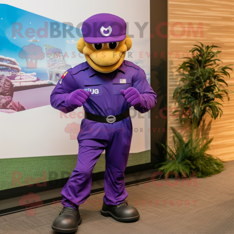 Purple Marine Recon mascot costume character dressed with a Joggers and Lapel pins