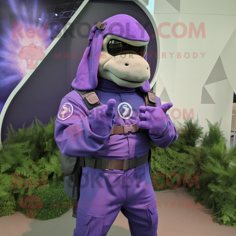 Purple Marine Recon mascot costume character dressed with a Joggers and Lapel pins