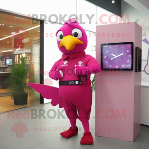 Magenta Dove mascot costume character dressed with a Sheath Dress and Digital watches