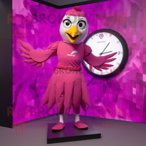 Magenta Dove mascot costume character dressed with a Sheath Dress and Digital watches