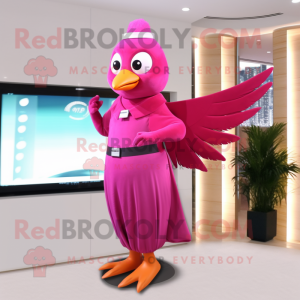 Magenta Dove mascot costume character dressed with a Sheath Dress and Digital watches