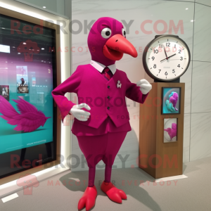 Magenta Dove mascot costume character dressed with a Sheath Dress and Digital watches