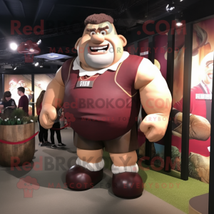 Maroon Strongman mascot costume character dressed with a Rugby Shirt and Suspenders