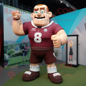 Maroon Strongman mascot costume character dressed with a Rugby Shirt and Suspenders