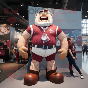 Maroon Strongman mascot costume character dressed with a Rugby Shirt and Suspenders
