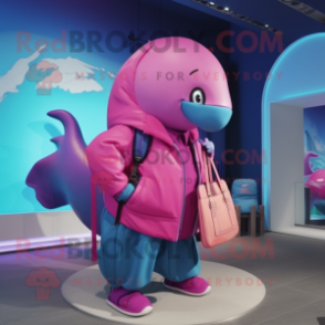 Magenta Blue Whale mascot costume character dressed with a Parka and Handbags