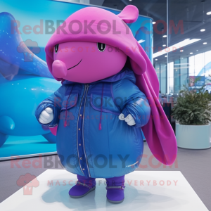 Magenta Blue Whale mascot costume character dressed with a Parka and Handbags