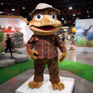 Brown Frog mascot costume character dressed with a Flannel Shirt and Hat pins