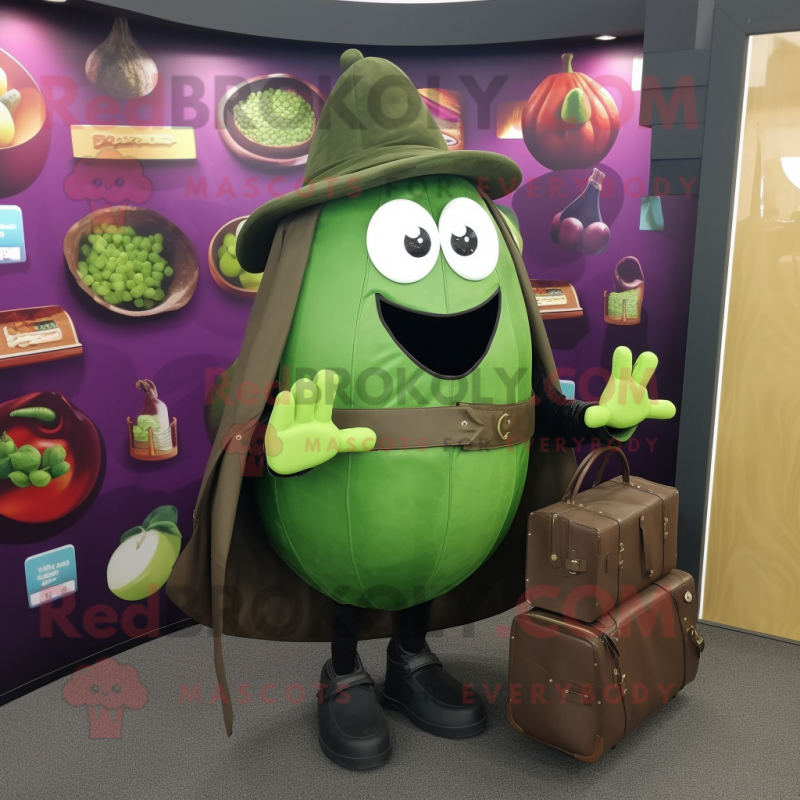 Green Eggplant mascot costume character dressed with a Leather Jacket and Coin purses