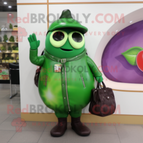 Green Eggplant mascot costume character dressed with a Leather Jacket and Coin purses