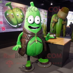 Green Eggplant mascot costume character dressed with a Leather Jacket and Coin purses