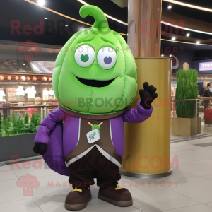 Green Eggplant mascot costume character dressed with a Leather Jacket and Coin purses