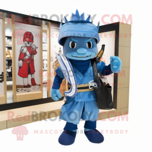 Blue Samurai mascot costume character dressed with a Overalls and Handbags