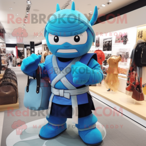 Blue Samurai mascot costume character dressed with a Overalls and Handbags