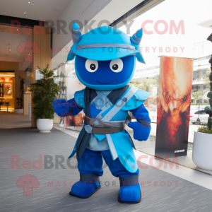 Blue Samurai mascot costume character dressed with a Overalls and Handbags