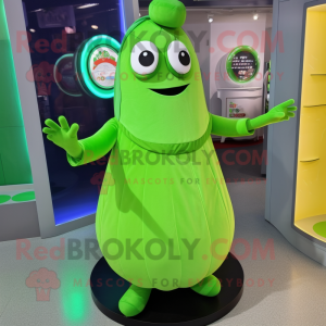 Lime Green Zucchini mascot costume character dressed with a Midi Dress and Rings